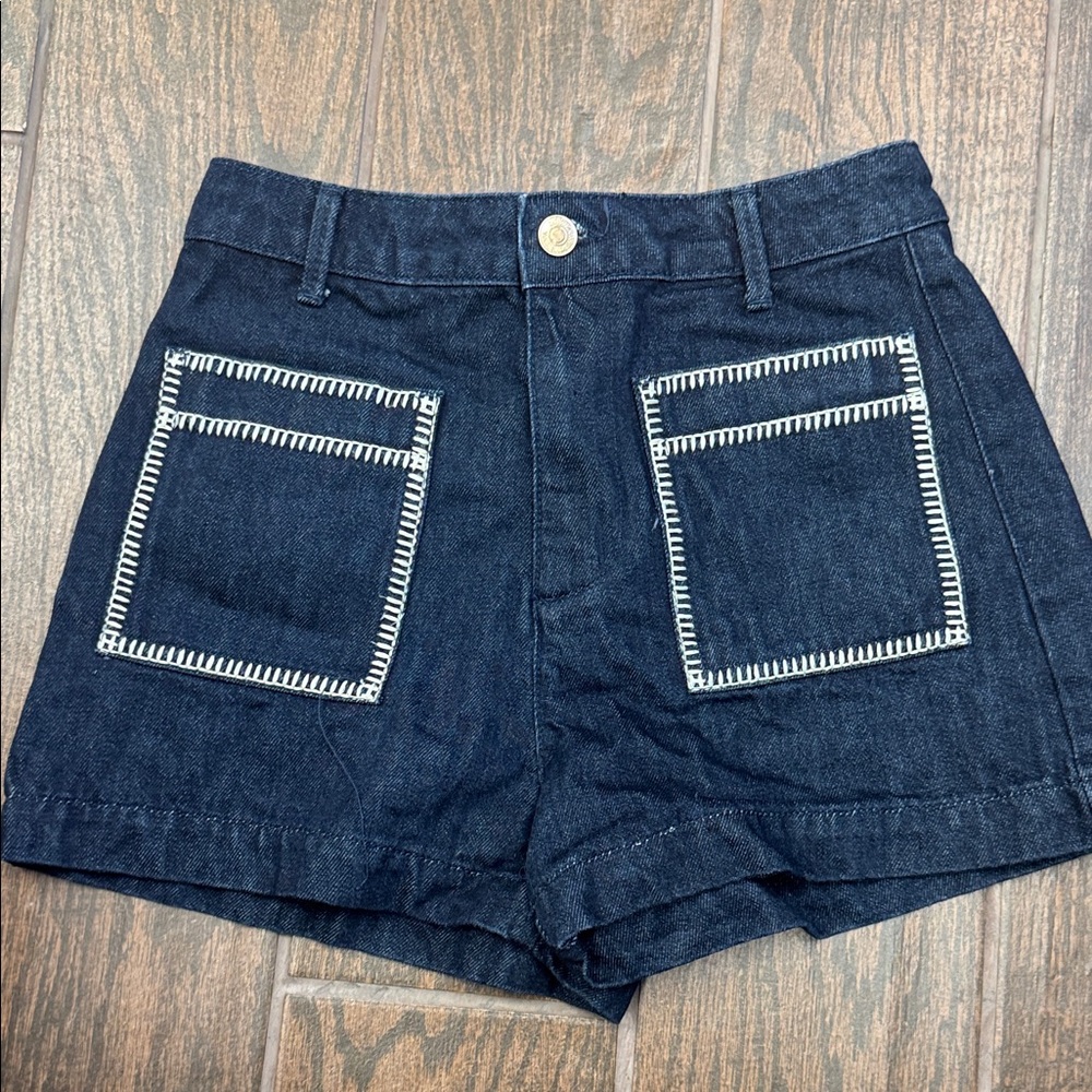 Zara High Waist Denim Shorts with White Stitching